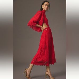 Farm Rio Mock-Neck Cutout Lace Midi Dress, Red, Size Small